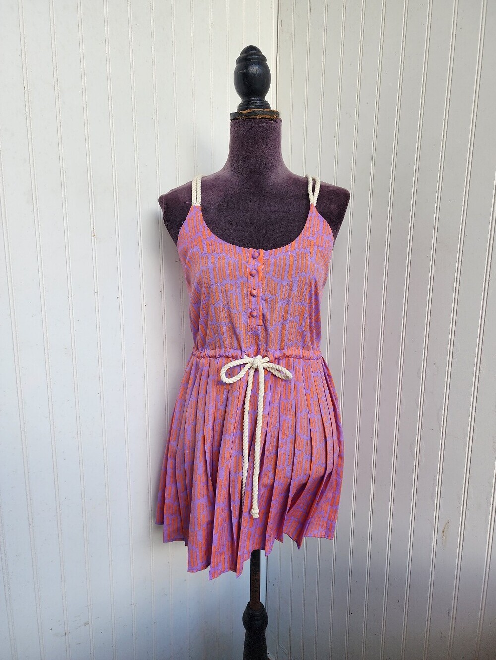 Do + Be Purple Orange Mini Dress Elastic Waist Rope Strap Tie Belt Pleated Sz S